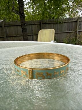 Coach Gold-Tone Bangle with Aqua Enamel Horse & Carriage Motif Vintage